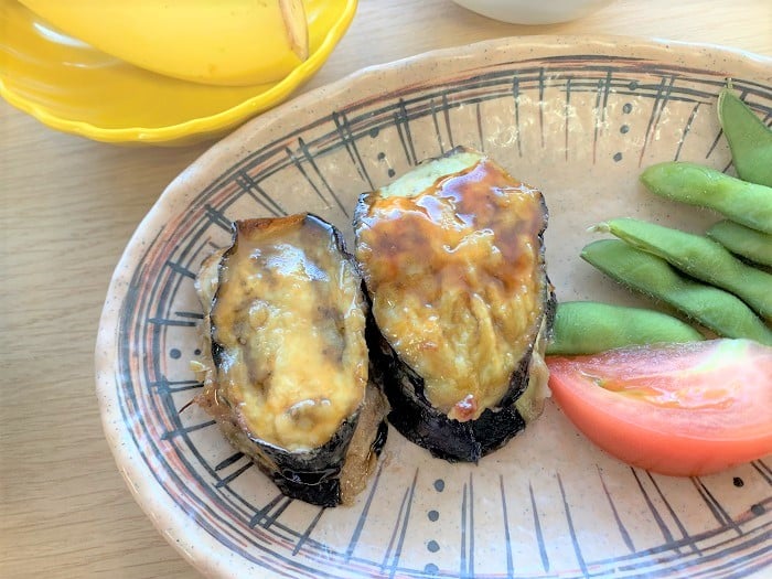 【昼食】茄子の肉はさみ焼き