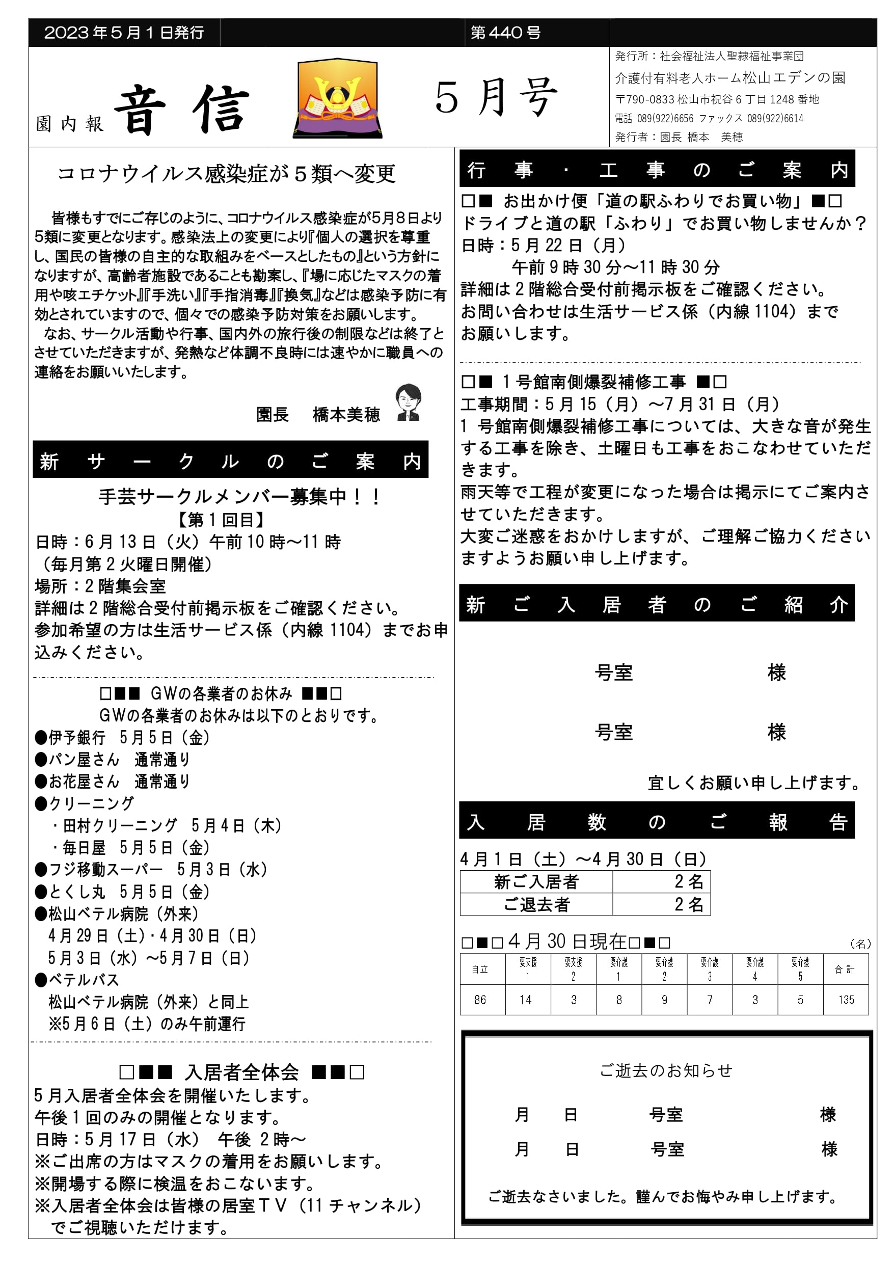 【園内報　音信（おとずれ）5月号（第440号）】発行