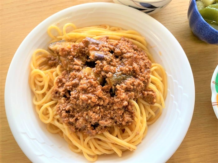 【昼食】茄子と挽肉のスパゲティ