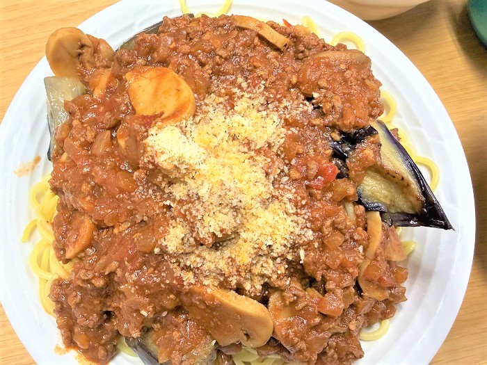 【昼食】茄子のミートソーススパゲティ

