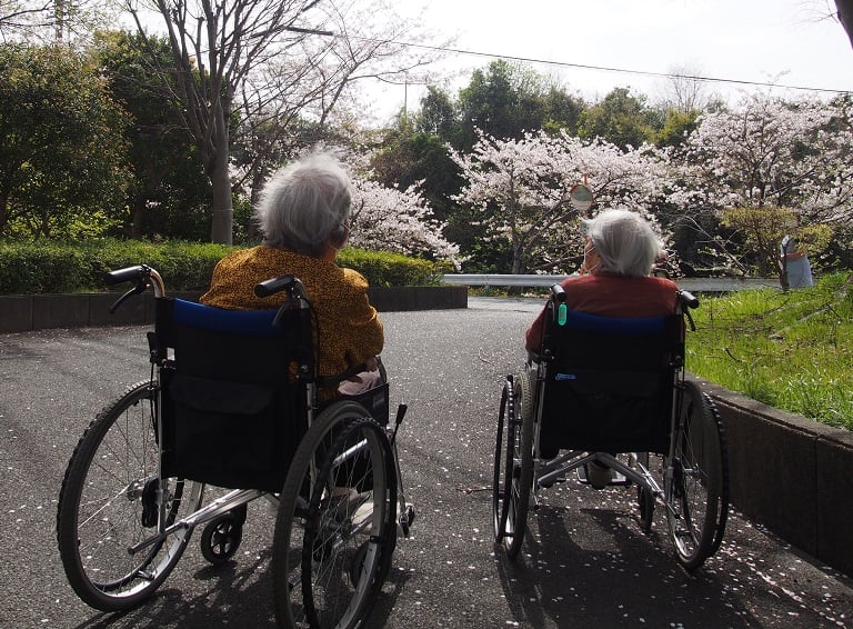 桜を見ながら語らうご入居者