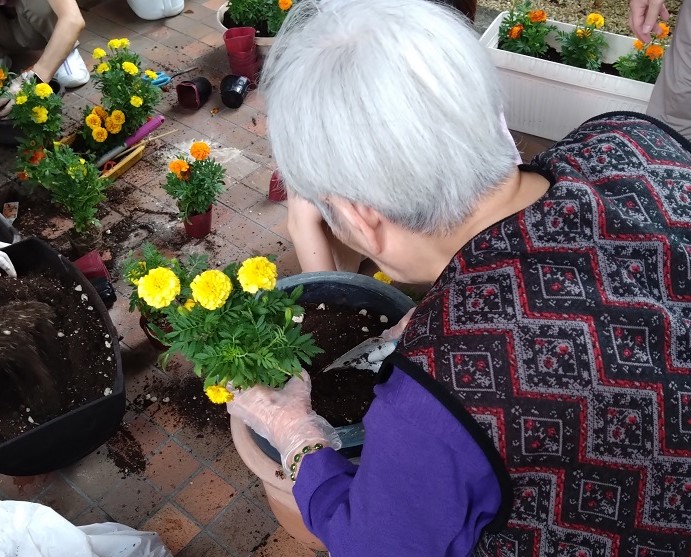 入居者の方とご一緒にお花を植えました。