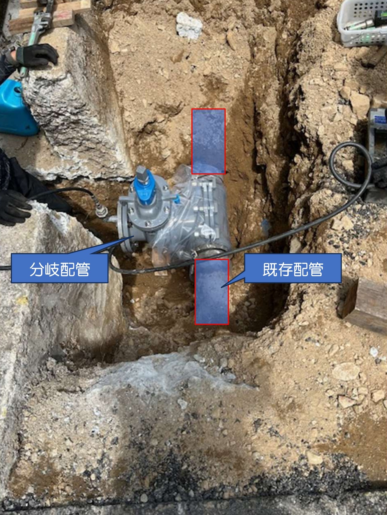 既存配管に分配配管を被せた部分