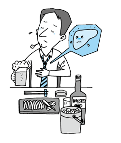 飲酒する男性と負担がかかる肝臓イラスト