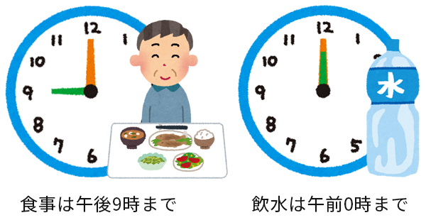 食事は午後9時まで。 飲水は午前0時まで。