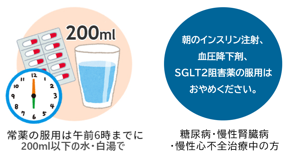 常薬の服薬は午前6時までに80ccのお水で。 朝のインスリン注射、血液降下剤、SGLT2阻害薬の服用はおやめください。
