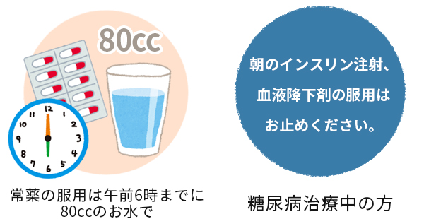 常薬の服薬は午前6時までに80ccのお水で。 朝のインスリン注射、血液降下剤の服用はお止めください。